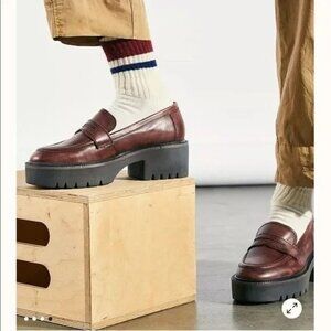 Free People Decker Penny Loafer Dark Red Brown Leather Lug Sole EU 41 US 10.5